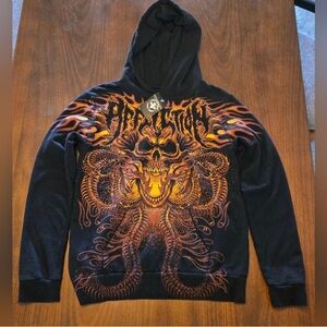 Affliction Black and Orange Skull Hoodie